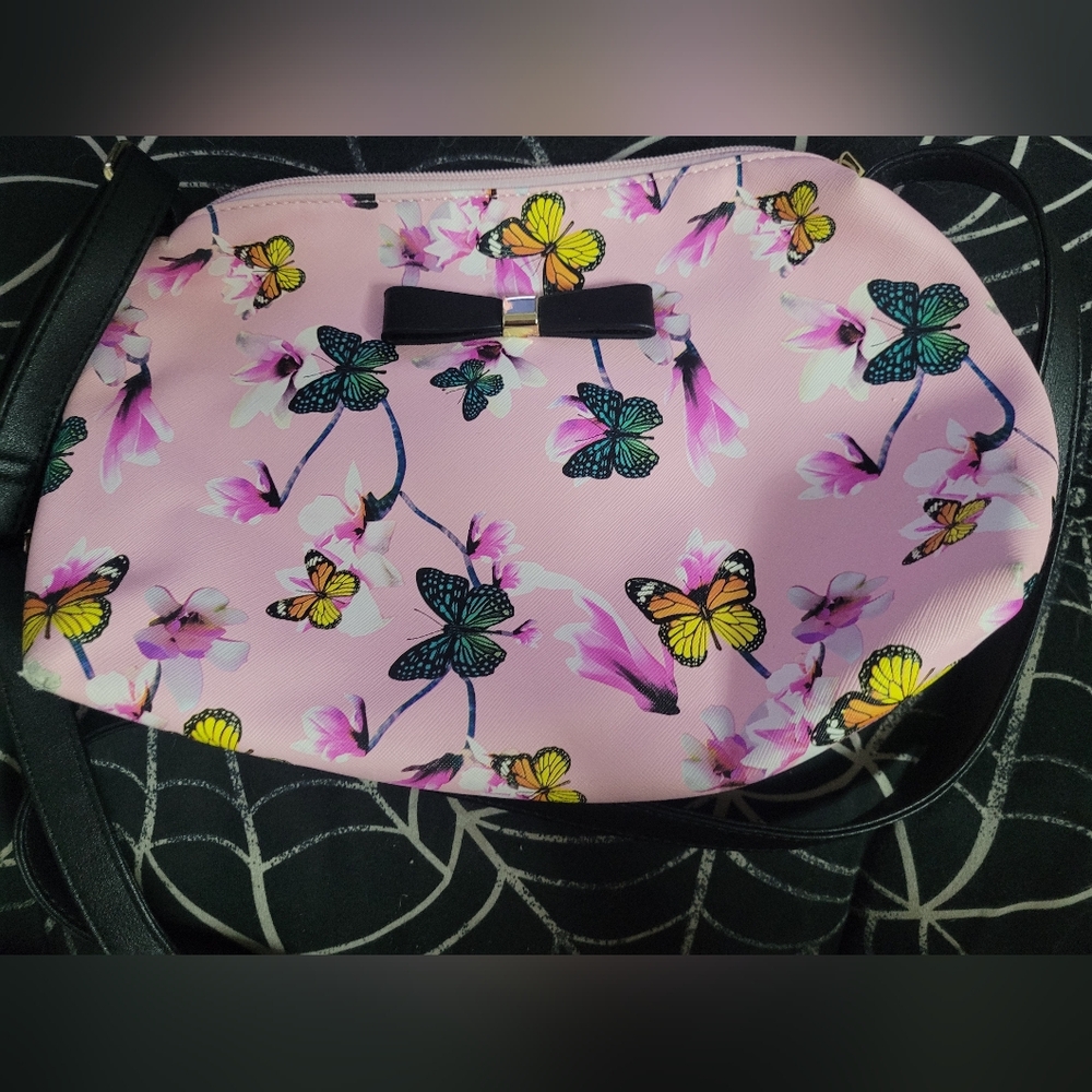 Pink Floral Butterfly Bag with Black Bow With Coin Purse